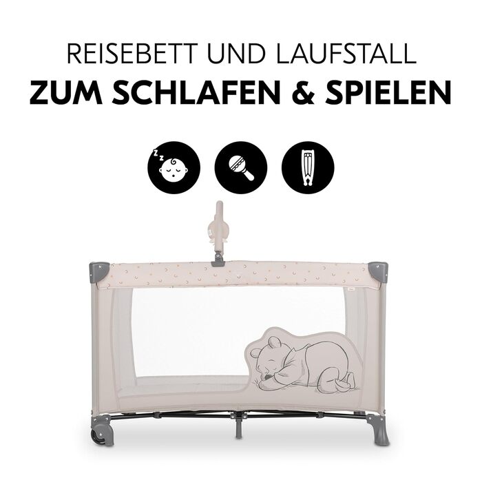 Дитяче ліжечко Hauck Dream N Play Go з ігровою аркою, колесами та сумкою для перенесення, компактне та складне, дитяче ліжечко для малюків від народження до 15 кг (Disney Pooh Rainbow Beige) без висувних дверцят.