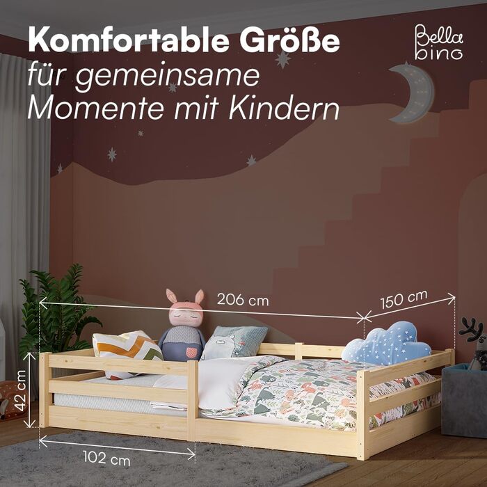Ліжко Bellabino Iskri на підлозі 140x200 см Дитяче ліжко Монтессорі із захистом від падіння та рейковою основою Дерев&39яне ліжко для хлопчиків та дівчаток з масиву сосни натурального кольору Дитяче ліжко натурального кольору 140x200 см без матраца