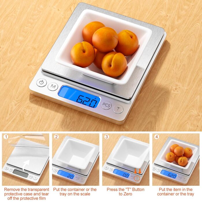 Кухонні ваги Gvolatee 3кг/0,1г електронні, цифрові ваги з нержавіючої сталі з РК-дисплеєм та функцією тари, точне автоматичне вирі