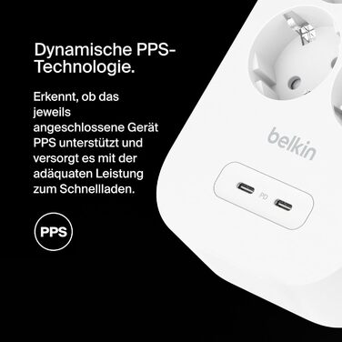 Розетковий подовжувач Belkin із захистом від перенапруги, настінний, 8 розеток, мережевий кабель 2 м, зелений індикатор, 2 порти U