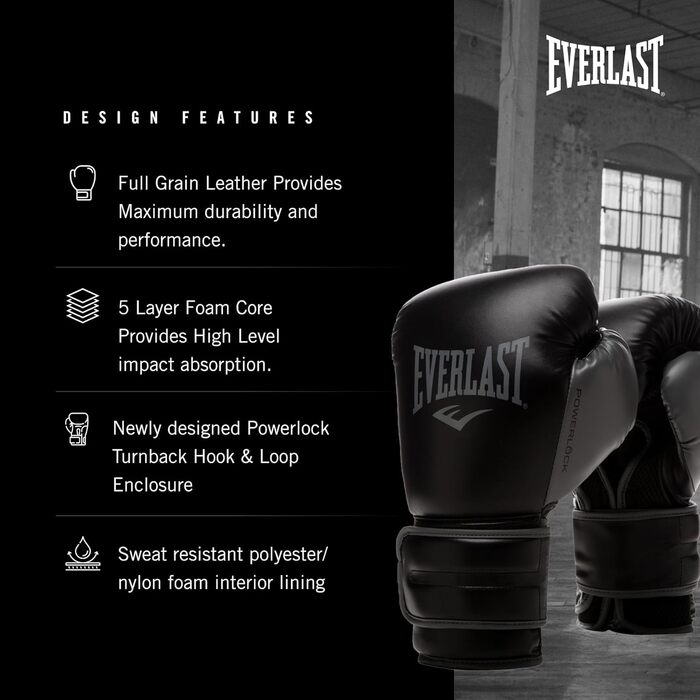 Боксерські рукавички Everlast Powerlock 2R, для боксерського мішка, лап та спарингу, з функцією підтримки зап&39ястя Turnback, 4-шарова піна оригінальне спорядження Everlast Black 14OZ