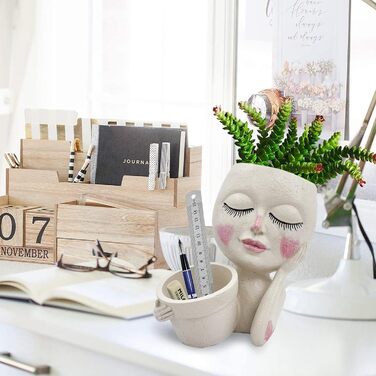 Горщик для рослин на обличчі - Подвійні квіткові горщики для кімнатних і вуличних рослин, кашпо з смоляної головки з дренажним отвором, милі горщики для рослин у формі жіночого обличчя, садові прикраси, середній розмір, ніжні накладки на обличчя