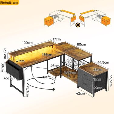 Г-подібний стіл на сім столів з полицями для зберігання, ігровий стіл зі світлодіодним освітленням та розетками, комп&39ютерний стіл з підставкою для монітора для домашнього офісу, спальні, вітальні, вінтажний коричневий