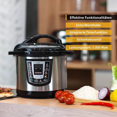 Електрична скороварка TZS First Austria 6л Мультиварка 9 програм скороварки Рисоварка Функція збереження тепла, відпарювач з нержавіючої сталі/чорного кольору