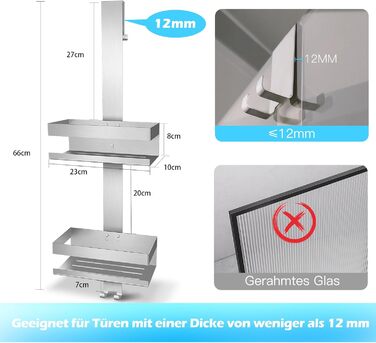 Підвісна полиця для душу, душова стійка з нержавіючої сталі SUS304, не потребує свердління для безрамних скляних дверей, тримач для шампуню та гелю для душу (стиль A (сріблястий))