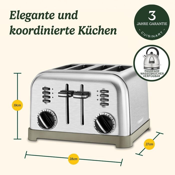 Тостер Cuisinart на 4 скибочки Широкі прорізи, ідеально підходять для товстого хліба та бубликів 6 рівнів підрум'янювання плюс розморожування Широкі прорізи, важіль високого підйому Доступний відповідний чайник Нержавіюча сталь 4-дискова нержавіюча сталь