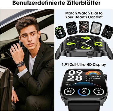 Розумний годинник для чоловіків та жінок, вигнутий HD-дисплей 1,91 дюйма, розумний годинник із Bluetooth-дзвінками, понад 100 спортивних режимів, фітнес-годинник із монітором серцевого ритму/сну/крокоміром, водонепроникний спортивний годинник IP67 для And