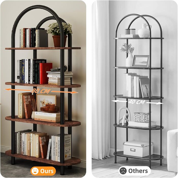 Рівнева вигнута книжкова шафа, книжкова полиця з металевим каркасом та дерев&39яними полицями, висота 165,5 см, полиці для зберігання для вітальні, кабінету, офісу, 80 * 30 * 165,5 см (сільський коричневий) 80*30*165,5 см, 4-