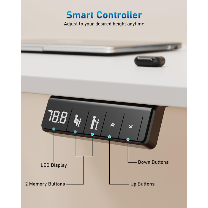 Стіл з регульованою висотою, 80x60 см, високоякісна стільниця, електричне регулювання висоти столу, комп&39ютерний стіл з функцією пам&39яті, білий