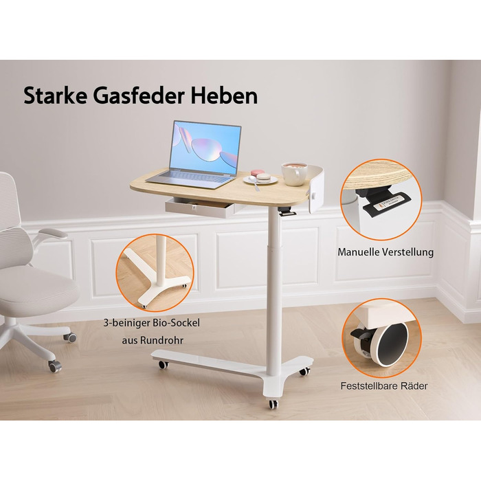 С-подібний журнальний столик, регульований по висоті з колесами, мобільний стіл з шухлядами, невеликий столик для ноутбука з регульованою висотою, пневматичний стоячий стіл для дивана, ліжка, вітальні, дуб, 75 x 45 см