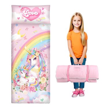 Дитячий спальний мішок зі знімною подушкою, теплий дитячий спальний мішок з подвійною блискавкою для дівчаток та хлопчиків, складний спальний мішок-ковдра для кемпінгу в приміщенні та на свіжому повітрі, єдиноріг 15060 см