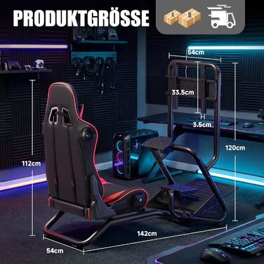 Підставка для керма гоночного симулятора з 3D стереодинаміками, кріпленням для монітора, регульованим кріпленням керма, кріпленням для важеля перемикання передач та педалями (червона)