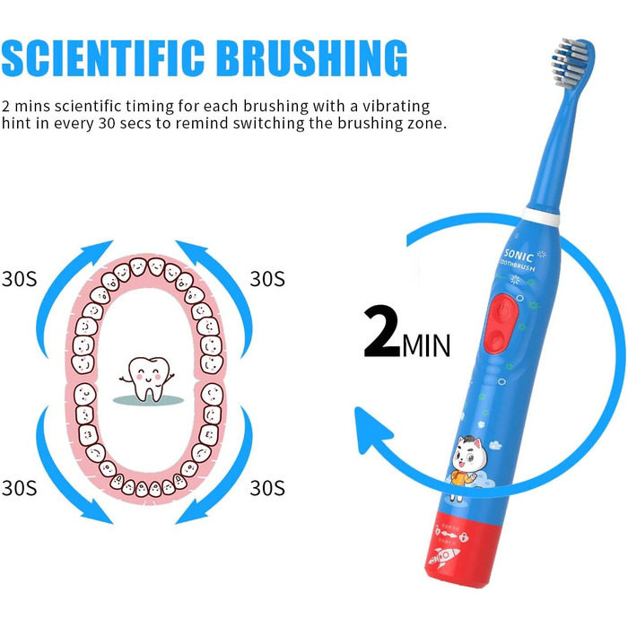 Звукова електрична зубна щітка для дітей, акумуляторна зубна щітка для дітей віком від 3 до 12 років з 30-секундним нагадуванням, 2-хвилинним таймером, 6 режимами, 6 насадками для щітки Blue/8630 (упаковка може відрізнятися)