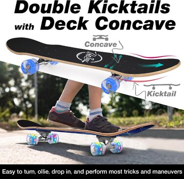 Дюймів Повний круїзерний скейтборд для дітей, підлітків та дорослих, 7-шарова увігнута дека з канадського клена Double Kick з універсальним T-Tool для початківців, колір Ocean Blue, 38