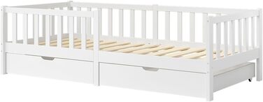Дитяче ліжко Bellabino Vere 90x200 см Ліжко Монтессорі із захистом від падіння, рейковою основою та 2 шухлядами Дитяче ліжко з масиву сосни для хлопчиків та дівчаток Ліжко для малюків білого кольору з місцем для зберігання, біле 90x200 см з шухлядами, мат