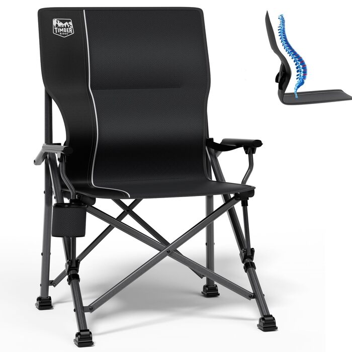 Складане кемпінгове крісло TIMBER RIDGE, вантажопідйомність 150 кг, регульована поперекова опора, складне крісло з підсклянником, сумка для перенесення, крісло для риболовлі, складне крісло, крісло з високою спинкою для кемпінгу, саду, балкону, пікніка, ч