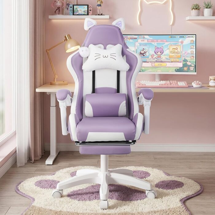 Ігрове крісло, Офісне крісло, Ігрове крісло, Ергономічне ігрове крісло з підставкою для ніг, поперековою опорою, підголівником та котячими вушками, М&39яке ігрове крісло, Обертове крісло для дівчаток, 135 кг, Фіолетовий