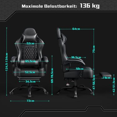 Ігрове крісло Yaheetech, ергономічне ігрове крісло з функцією масажу та висувною підставкою для ніг, регульована спинка, регульована висота, комп&39ютерне крісло, обертове крісло (чорне)