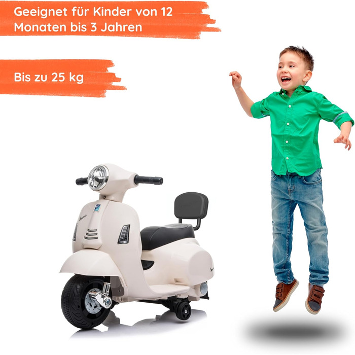 Дитячий електромотоцикл 6 вольт Vespa електричний дитячий самокат від Babycar зі спинкою - електричний дитячий самокат Vespa з нож