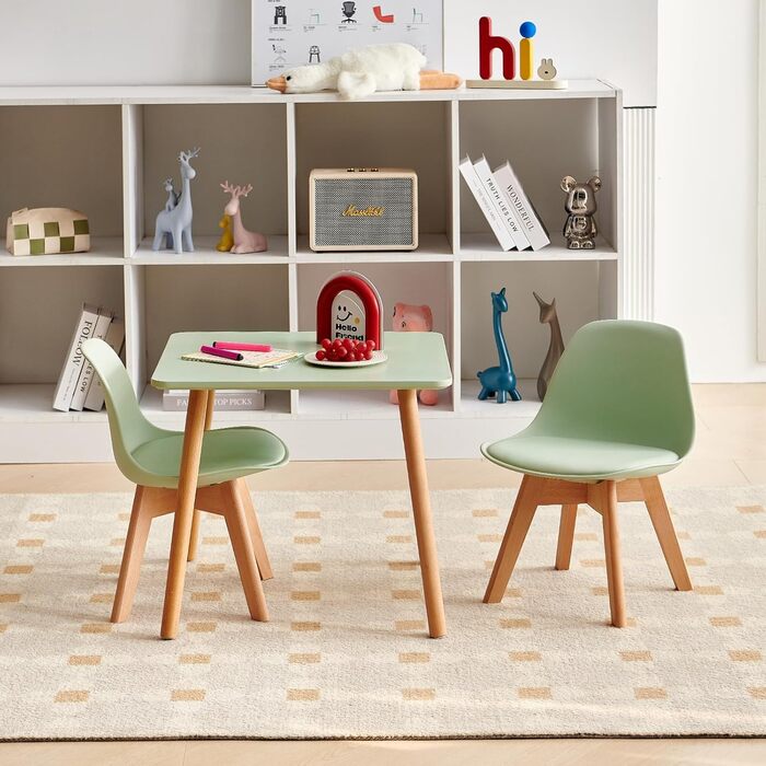 Дитячий стіл EGGREE з 2 стільцями, комплект дитячих сидінь, виготовлений з сертифікованого FSC масиву бука, протестований SGS, для дітей віком від 1 до 6 років, дитячі меблі для дитячих кімнат та дитячих садків, зелений, 3 предмети