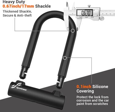 Посилений велосипедний U-Lock 17 мм з тросом 1,5 м для шосейних велосипедів, гірських велосипедів, електровелосипедів, складних велосипедів з кріпленням, U-Lock 19 x 13 см та тросом 1,5 м, чорний
