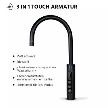 Чайник для виробництва газованої води HappyFilter FizzRed охолоджений шипучий кип'ятіння Сенсорний чорний змішувач 3в1 Фільтр від накипу Диспенсер для води Офіс Кухня Стаціонарне підключення до водопроводу Адаптер CO2 425 г 3 в 1 чорний 425 г CO2