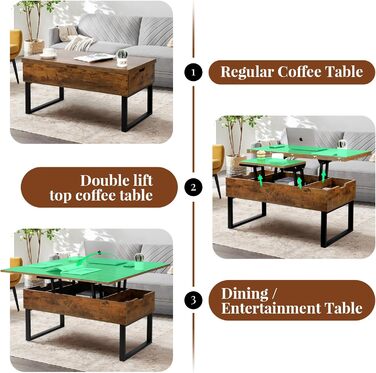 Журнальний столик VOWNER з регульованою висотою, багатофункціональний стіл для вітальні 3-в-1 з прихованим місцем для зберігання, який трансформується у обідній стіл для вітальні, колір вінтажного коричневого