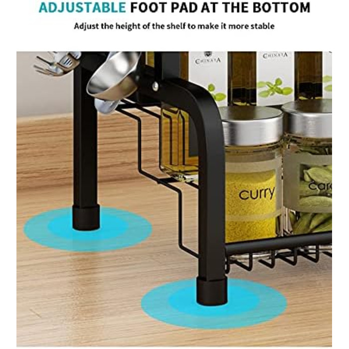 Підставка для спецій з нержавіючої сталі, не потребує свердління, органайзер з 8 гачками для пляшок зі спеціями, банок, пляшок з олією, коморне зберігання (2 рівні)