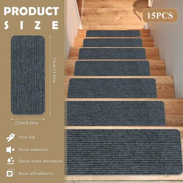 Килимки для сходів, 15 шт. , самоклеючі, протиковзкі, ріжучі, багаторазові (темно-сірі)