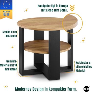 Круглий дубовий журнальний столик Ø53 см - Невеликий журнальний столик з полицею - 2 яруси, круглий сучасний журнальний столик в промисловому дизайні - Зроблено в ЄС Чорний та дубовий Діаметр 53 см