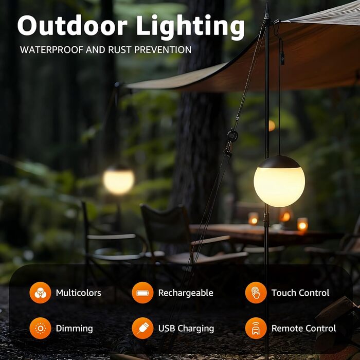 Набір із 2 ламп MALUX Sphere I Вуличний кемпінговий світильник I Світлодіодний підвісний садовий світильник із 8 кольорами I Регульоване освітлення для кемпінгу I Водонепроникний IPX4 I Балконний світильник, кемпінговий світильник