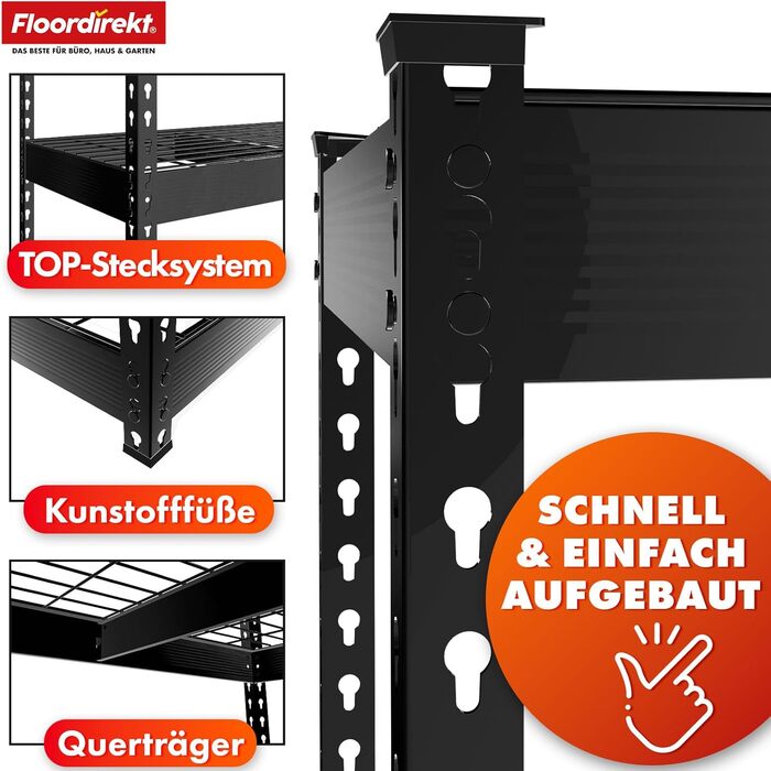 Посилений стелаж Floordirekt Yukon Rivet 160 x 150 x 80 см, 4 яруси, чорний Сталевий стелаж з полицями з дротяної сітки Вантажопідйомність 250350 кг на ярус Різні розміри та кольори, чорний, 160 x 150 x 80 см, 4 яруси