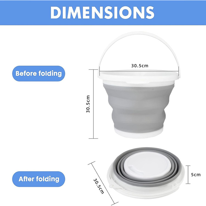 Силіконове складне відро 10 л кругле практичне відро для прибирання будинку, кемпінгу, риболовлі, мийки автомобіля, кухні, портативної ємності для води - сірий