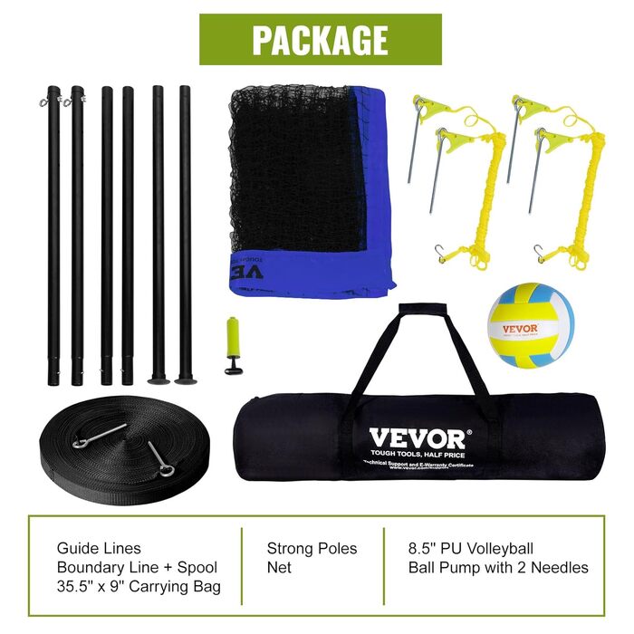 Комплект волейбольної сітки VEVOR зі збільшеним ігровим полем (9,7 x 2,4 м), Портативний, синій, з регульованою висотою, для пляжу та саду (з м'ячем та сумкою)