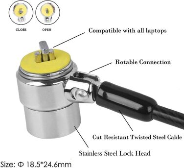 Замок для ноутбука з тросом проти крадіжки, анкерна пластина та 2 ключі, клейка пластина для фіксації, чорний