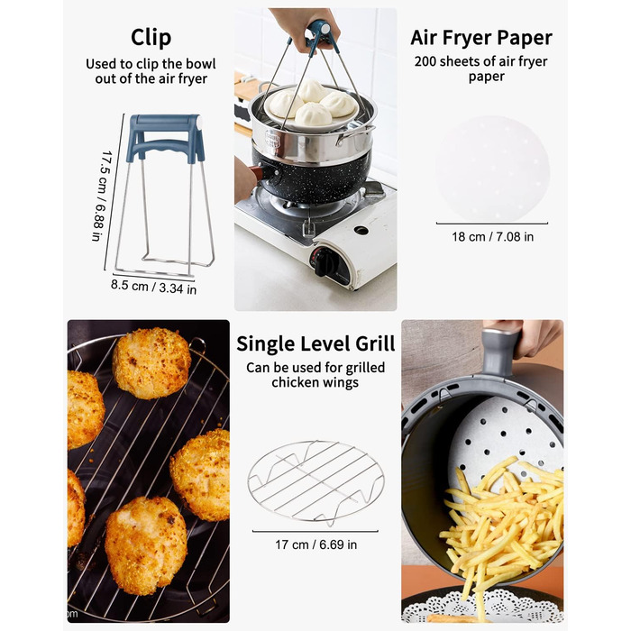 Дюймові аксесуари для фритюрниці, набір із 16 предметів із 200 аркушів паперу для випічки, підходить для фритюрниць діаметром понад 18 см (7 дюймів), 7-