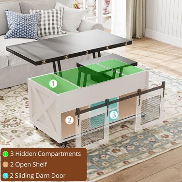 Журнальний столик VOWNER з регульованою висотою, багатофункціональний стіл для вітальні 3-в-1 з колесами та прихованим місцем для зберігання, який можна перетворити на обідній стіл для вітальні, у фермерському стилі (чорний з деревним малюнком)