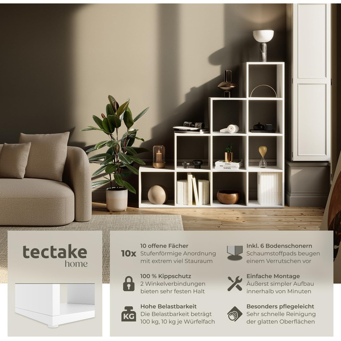 Книжкова полиця tectake, полиця-шафа як роздільник кімнати у вітальні, перегородка в дитячій кімнаті, сходинка у спальні, кухні або гардеробі, кубічна полиця, офісне сховище, полиця для взуття - біла