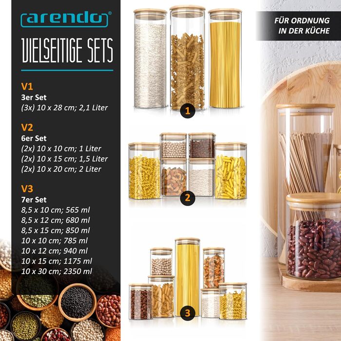 Банки для зберігання з кришками, 2 літри - Набір з 3 шт. - 10 x 28 см / - Скляні контейнери - Термостійкі - Банки для зберігання з дерев&39яними кришками - Герметичні - для мюслі, цукру, борошна, спагеті, кави, рису