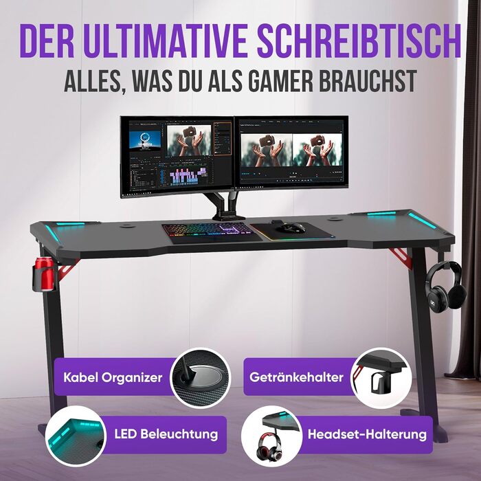 Ігровий стіл Avalo - 140x60x73 см - Ігровий стіл зі світлодіодним підсвічуванням - Стіл - Чорний