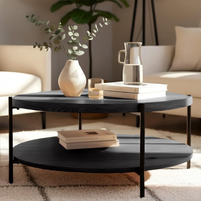 Круглий дерев&39яний журнальний столик CLP Edduma, диванний столик з 2 полицями та місцем для зберігання, невеликий бічний столик з чорним металевим каркасом, колір сірий, розмір Ø 80 см Ø 80 см сірий