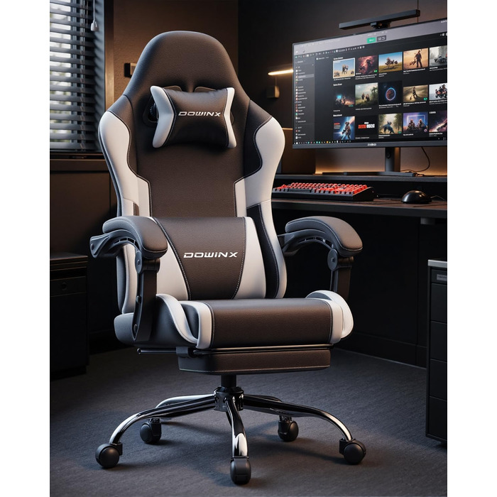Ігрове крісло Dowinx, офісне крісло, масажне ігрове крісло з регульованими по висоті підлокітниками, ергономічне ігрове крісло з підставкою для ніг, м&39яке ігрове крісло, нахил спинки 150, до 180 кг, білий колір