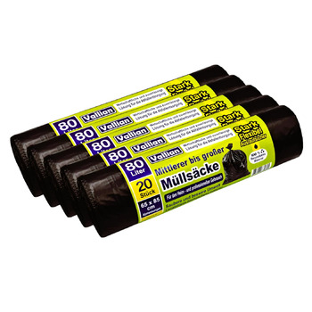 Літрові сміттєві пакети - Розміри 65 x 85 см - 20 пакетів у рулоні - стійкі до розривів, міцні та гнучкі - Упаковка з 5 рулонів (100 пакетів), 80-