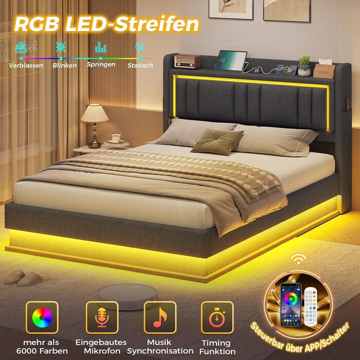 Ліжко зі світлодіодним освітленням, гідравлічне ліжко 140x200 см, м&39яке ліжко, узголів&39я з місцем для зберігання, зарядна станція, каркас ліжка з рейковою основою, візуальний ефект &quotплаваючий&quot, спальня, лляна тканина сірого кольору 140 x 200 С