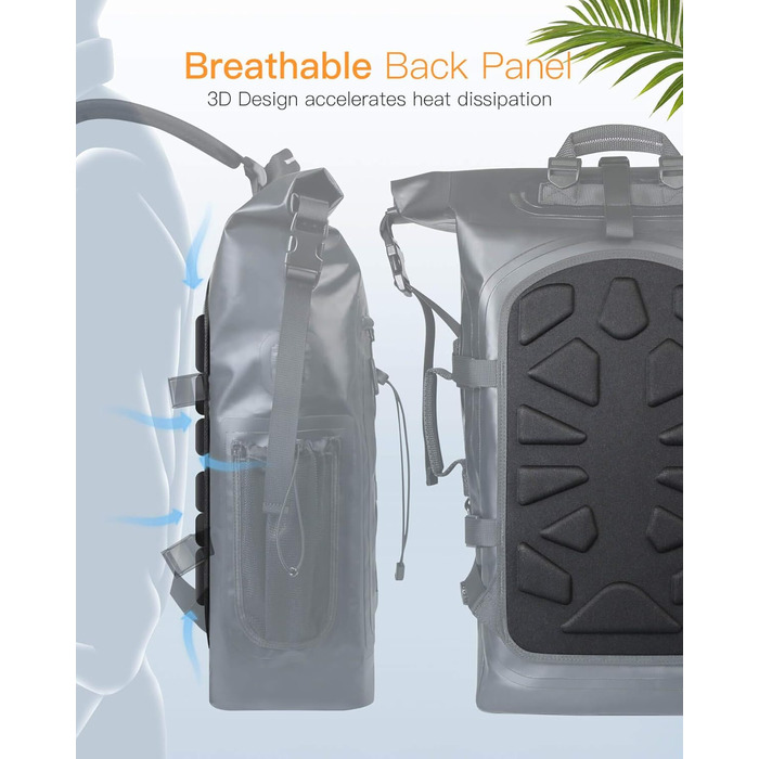 Рюкзак Inateck RollTop для чоловіків 30-35L водонепроникний багатофункціональний органайзер зі знімним плечовим ременем, випускним клапаном, водонепроникною блискавкою для їзди на велосипеді, походів на свіжому повітрі