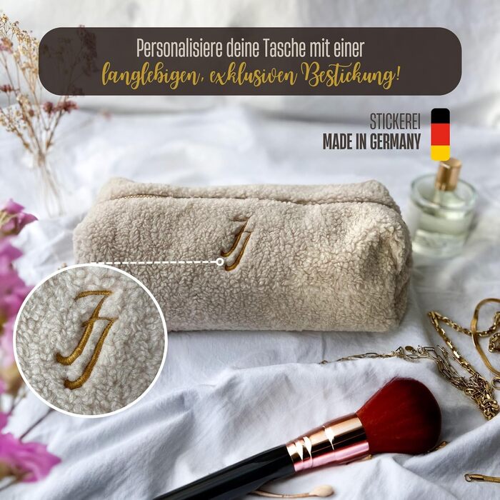 Плюшева косметичка з вишитими ініціалами - персоналізована плюшева косметичка ідеально підходить як сумочка-органайзер (бежева) Пе