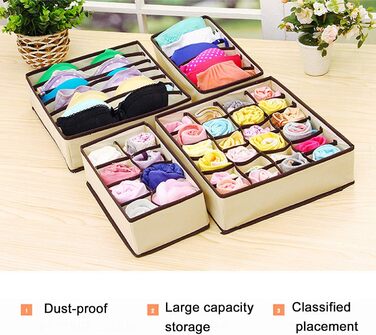 Коробка для зберігання білизни, органайзер, складана, неткане полотно, шухляда, органайзер для шафи для шкарпеток, бюстгальтерів, краваток, рушників, бежевий, комплект з 4 предметів