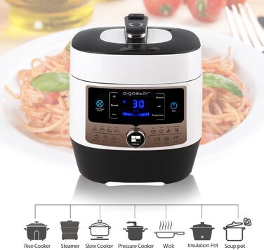 Скороварка Aigostar Panda 7 в 1, мультиварка на 6 л з 14 функціями, світлодіодна панель, налаштування тиску, таймер і функція піді