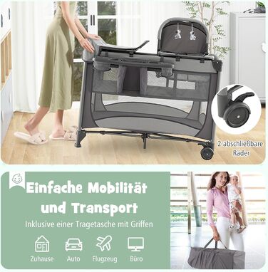 Дорожнє ліжечко 5-в-1 для немовлят з матрацом, 110 x 78 см, Ліжечко Side-by-Side з колискою та пеленальний килимок, Повний комплект дитячого ліжка для новонароджених та дітей до 36 місяців (сірий)