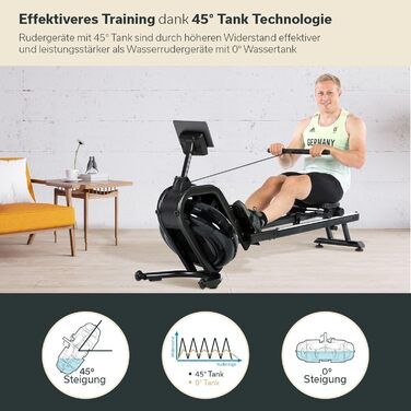 Водний гребний тренажер Skandika Nemo IV Водний гребний тренажер студійної якості для домашнього використання, сертифікований TV Sd, Kinomap, тримач для планшета, стійкий Водостійкий гребний тренажер, чорний